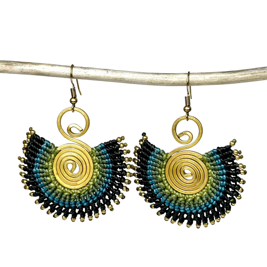 Original creole-style round hoop earrings - Cotton and brass [Blue]