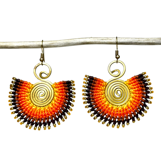 Original creole-style round hoop earrings - Cotton and brass [Orange]