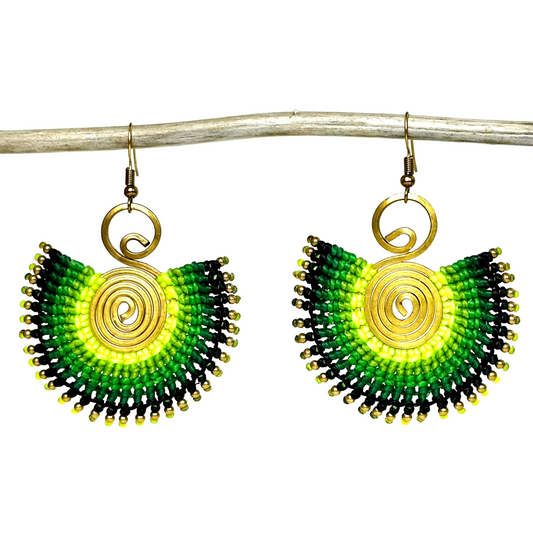 Original creole-style round hoop earrings - Cotton and brass [Green]