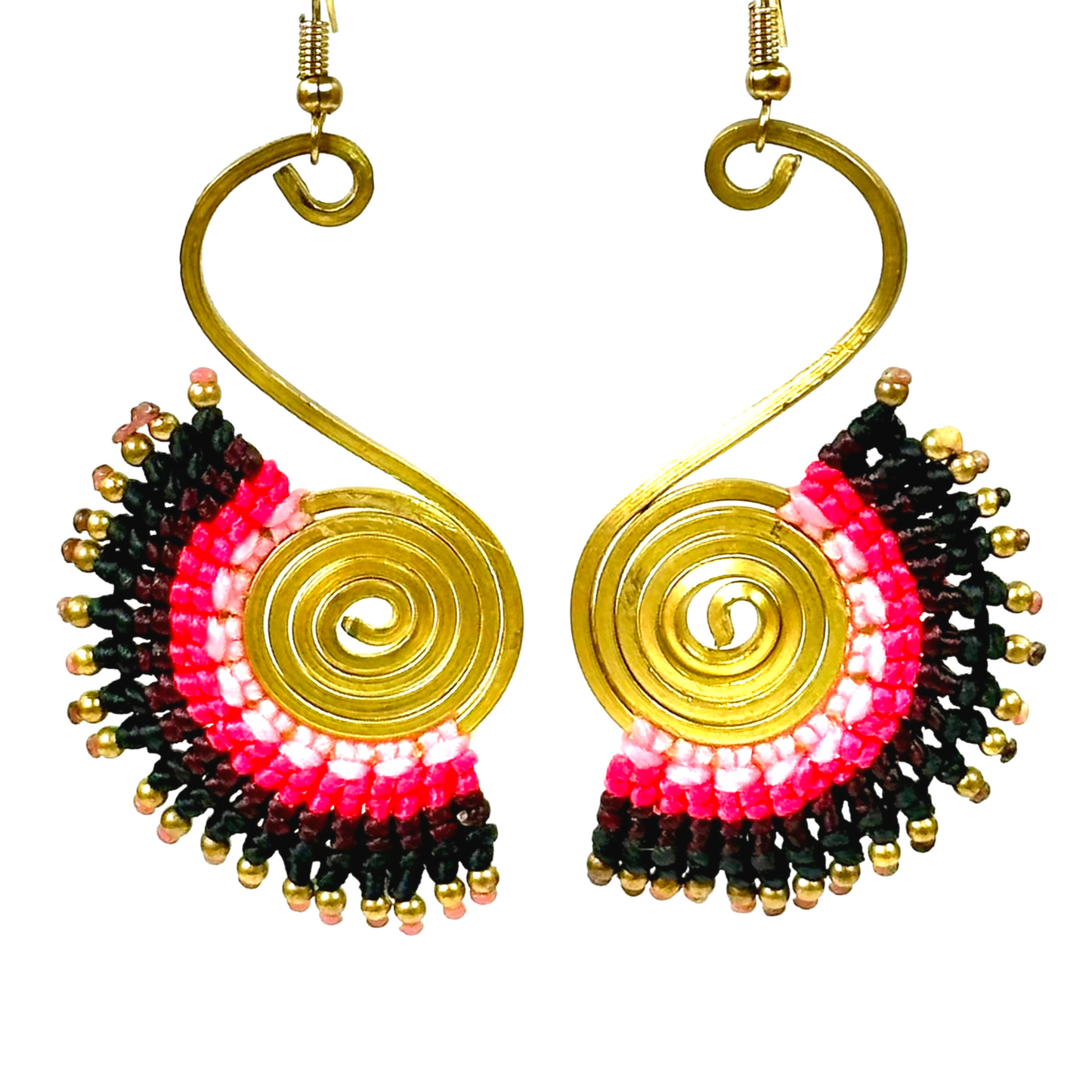 Original and elegant earrings - Cotton and brass [Pink and black]