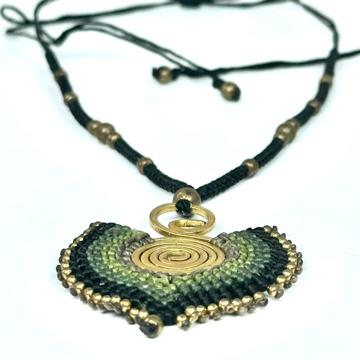 Original and colorful necklace - Cotton and brass [grey and green]