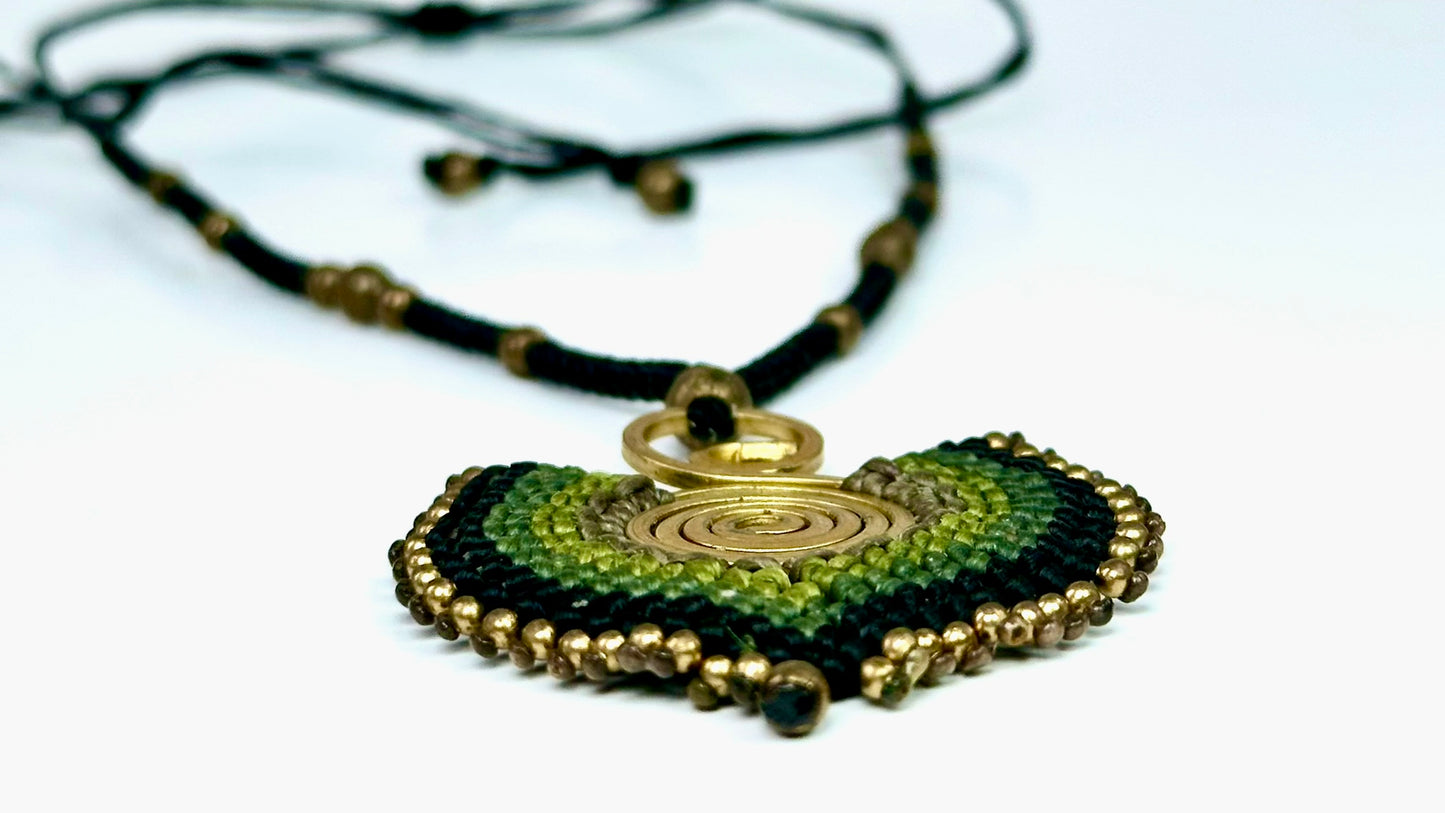 Original and colorful necklace - Cotton and brass [grey and green]